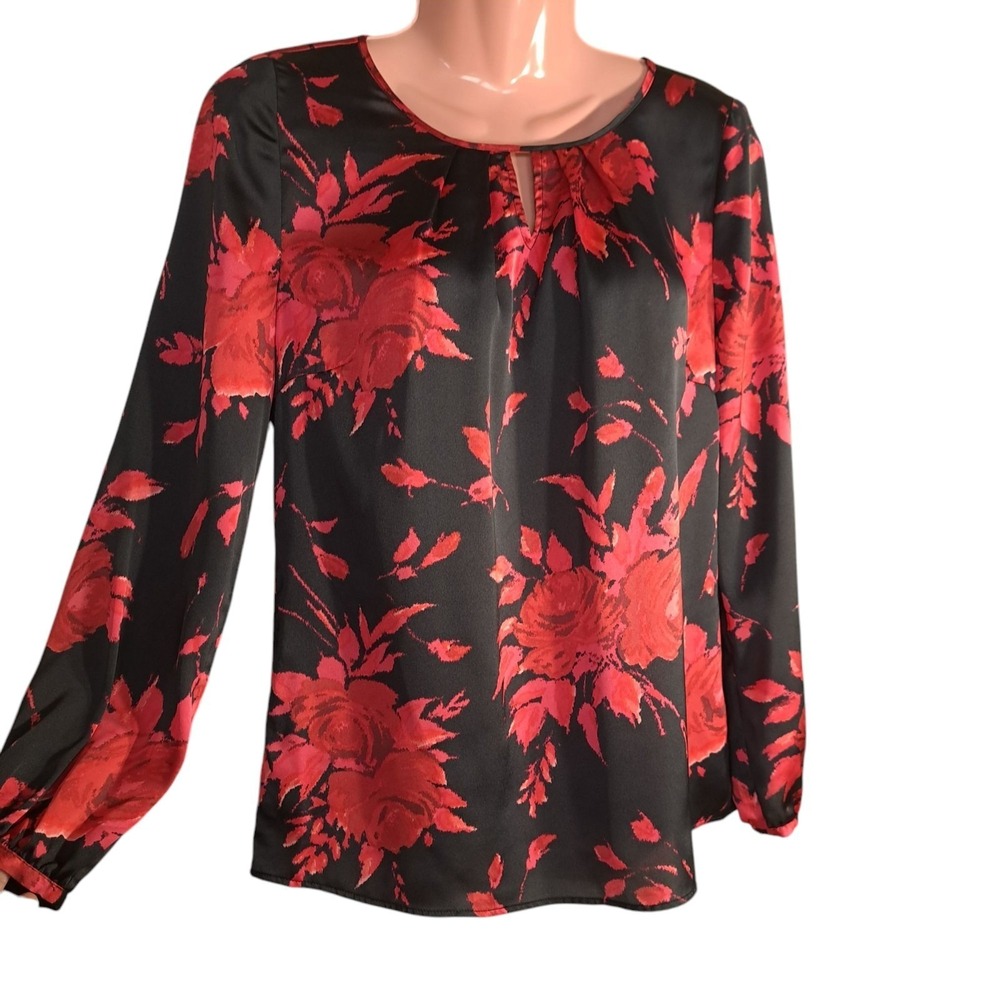 Talbots Women's Blouse Pullover Red/Black P Petites Long Sleeves Floral